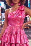 Fuchsia Metallic A-Line Ruffled Short 80s Homecoming Dress with Bow