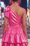 Fuchsia Metallic A-Line Ruffled Short 80s Homecoming Dress with Bow