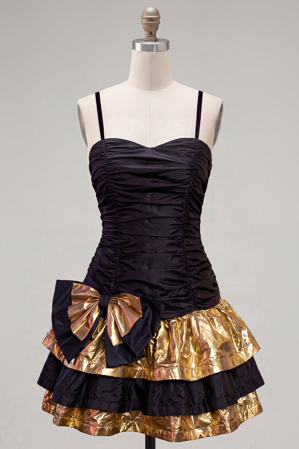 Black Golden Ruffled A-Line Short 80s Homecoming Dress with Bow