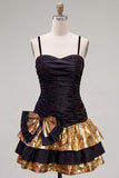 Black Golden Ruffled A-Line Short 80s Homecoming Dress with Bow