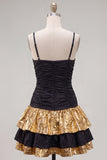 Black Golden Ruffled A-Line Short 80s Homecoming Dress with Bow