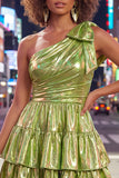Fuchsia Metallic A-Line Ruffled Short 80s Homecoming Dress with Bow
