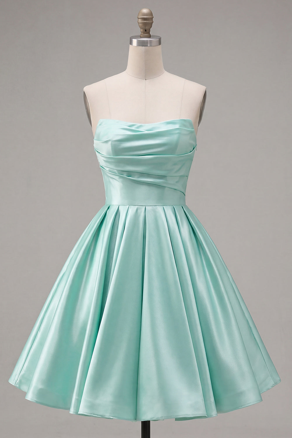Mint Satin Ruched Strapless A-Line Short 80s Homecoming Dress
