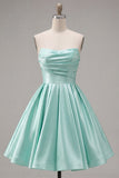 Mint Satin Ruched Strapless A-Line Short 80s Homecoming Dress