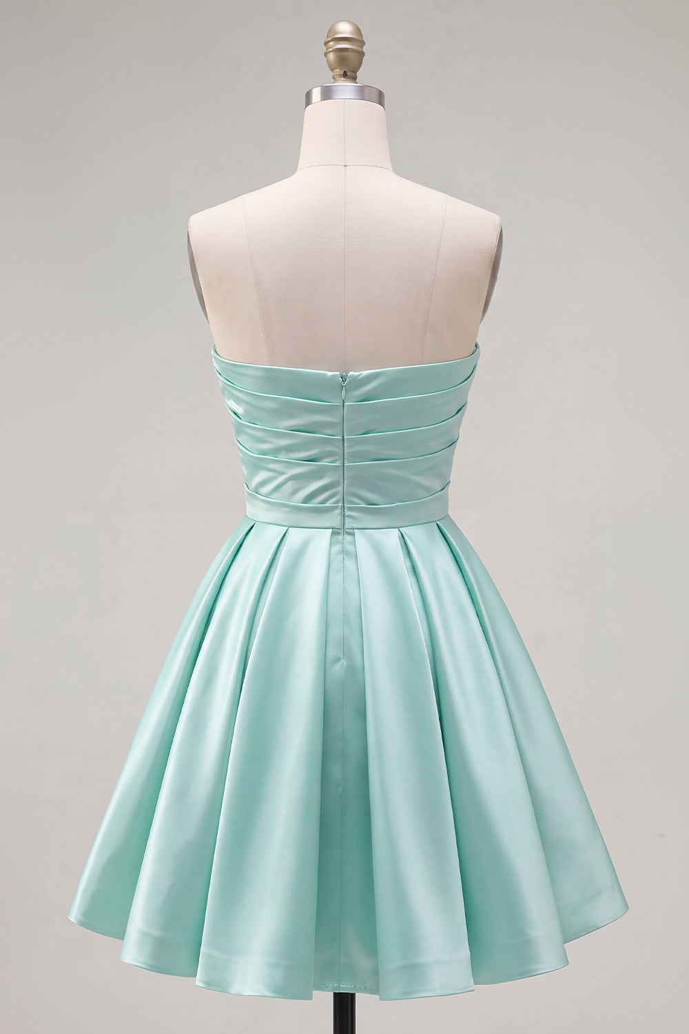 Mint Satin Ruched Strapless A-Line Short 80s Homecoming Dress