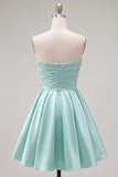 Mint Satin Ruched Strapless A-Line Short 80s Homecoming Dress