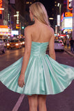 Mint Satin Ruched Strapless A-Line Short 80s Homecoming Dress