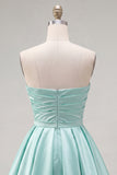 Mint Satin Ruched Strapless A-Line Short 80s Homecoming Dress