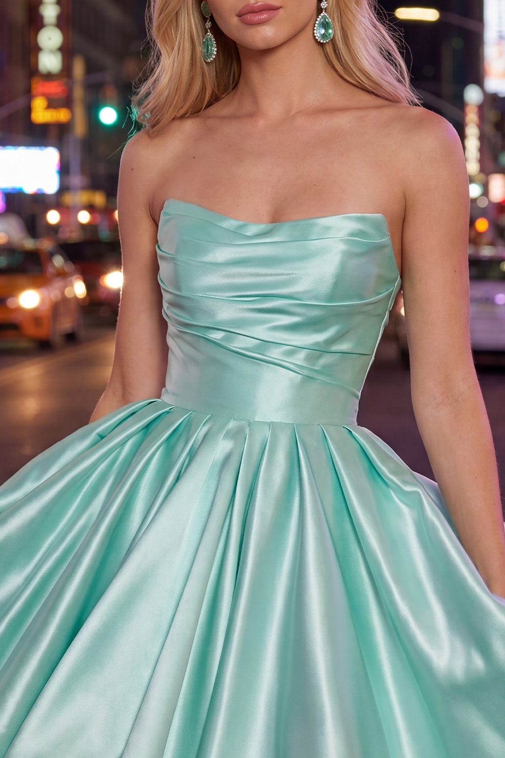 Mint Satin Ruched Strapless A-Line Short 80s Homecoming Dress