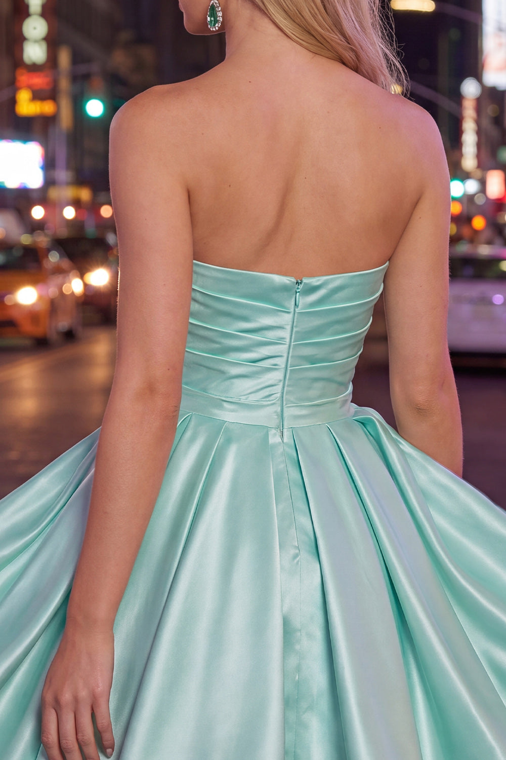 Mint Satin Ruched Strapless A-Line Short 80s Homecoming Dress