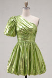 Green One Shoulder Ruched Short 80s Homecoming Dress with Sleeve