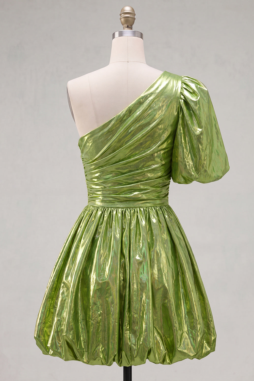 Green One Shoulder Ruched Short 80s Homecoming Dress with Sleeve