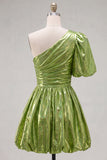 Green One Shoulder Ruched Short 80s Homecoming Dress with Sleeve