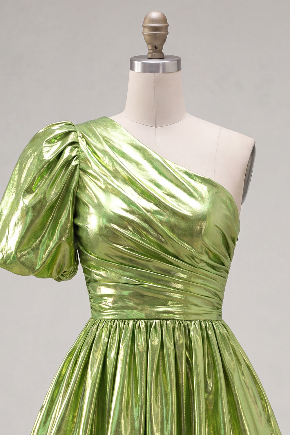 Green One Shoulder Ruched Short 80s Homecoming Dress with Sleeve