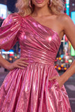 Green One Shoulder Ruched Short 80s Homecoming Dress with Sleeve