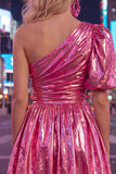 Green One Shoulder Ruched Short 80s Homecoming Dress with Sleeve