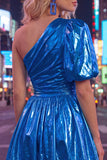 Green One Shoulder Ruched Short 80s Homecoming Dress with Sleeve