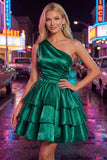 Pink One Shoulder Tiered Ruffled Short 80s Homecoming Dress
