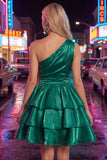 Pink One Shoulder Tiered Ruffled Short 80s Homecoming Dress