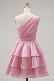 Pink One Shoulder Tiered Ruffled Short 80s Homecoming Dress