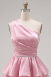 Pink One Shoulder Tiered Ruffled Short 80s Homecoming Dress