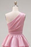 Pink One Shoulder Tiered Ruffled Short 80s Homecoming Dress