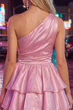 Pink One Shoulder Tiered Ruffled Short 80s Homecoming Dress