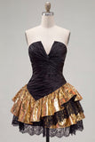 Black Golden Ruffled A Line Short 80s Homecoming Dress with Lace