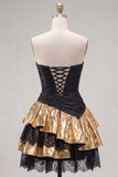 Black Golden Ruffled A Line Short 80s Homecoming Dress with Lace