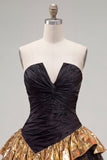 Black Golden Ruffled A Line Short 80s Homecoming Dress with Lace