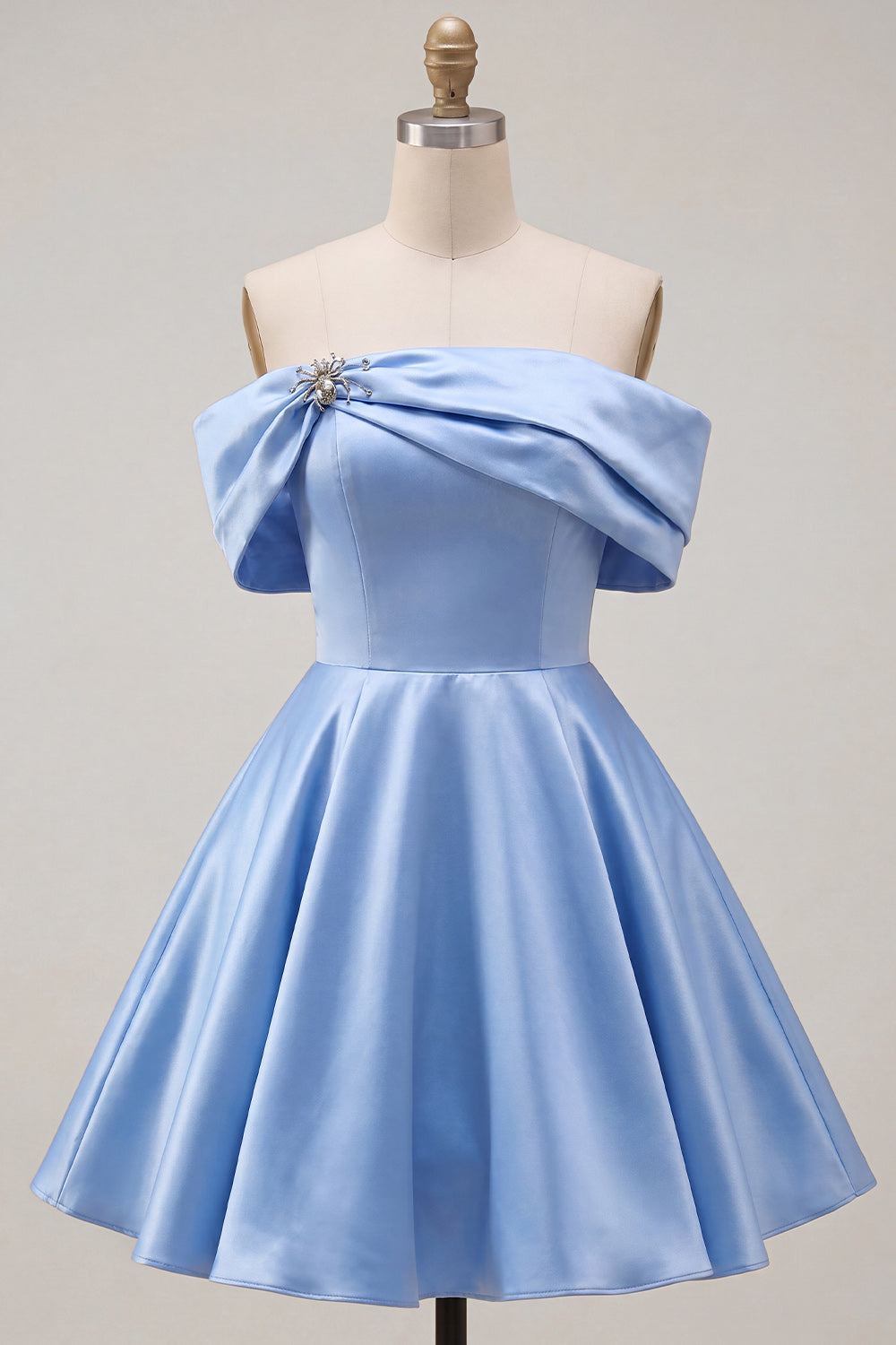 Blue Satin Off The Shoulder A-Line Short 80s Homecoming Dress