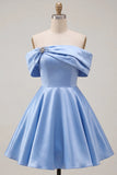 Blue Satin Off The Shoulder A-Line Short 80s Homecoming Dress