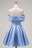 Blue Satin Off The Shoulder A-Line Short 80s Homecoming Dress