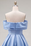 Blue Satin Off The Shoulder A-Line Short 80s Homecoming Dress