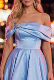 Blue Satin Off The Shoulder A-Line Short 80s Homecoming Dress