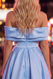 Blue Satin Off The Shoulder A-Line Short 80s Homecoming Dress