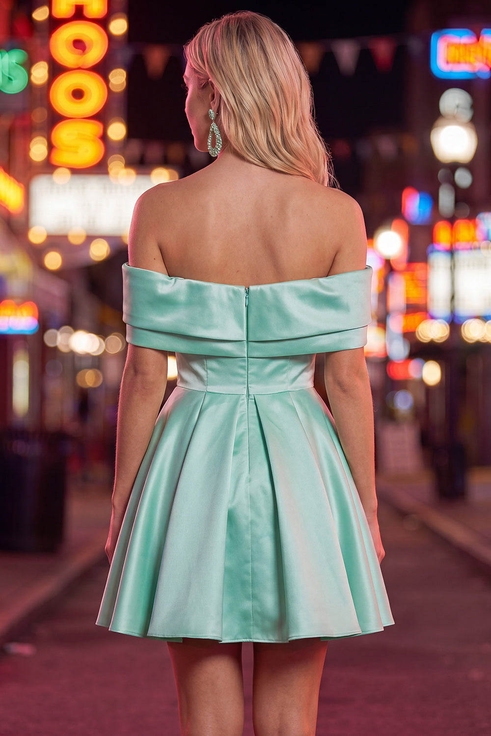 Blue Satin Off The Shoulder A-Line Short 80s Homecoming Dress
