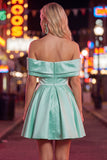 Blue Satin Off The Shoulder A-Line Short 80s Homecoming Dress