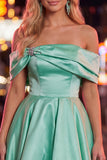 Blue Satin Off The Shoulder A-Line Short 80s Homecoming Dress