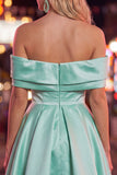 Blue Satin Off The Shoulder A-Line Short 80s Homecoming Dress