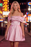Blue Satin Off The Shoulder A-Line Short 80s Homecoming Dress