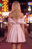 Blue Satin Off The Shoulder A-Line Short 80s Homecoming Dress