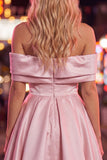 Blue Satin Off The Shoulder A-Line Short 80s Homecoming Dress