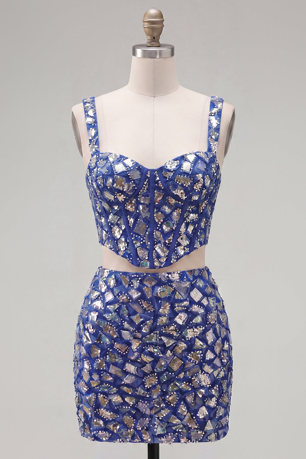 Sparkly Dark Blue 2 Piece Mirror Corset Tight Short Homecoming Dress