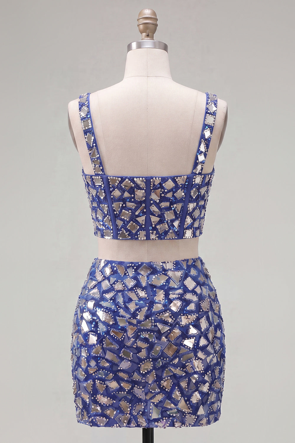 Sparkly Dark Blue 2 Piece Mirror Corset Tight Short Homecoming Dress