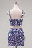Sparkly Dark Blue 2 Piece Mirror Corset Tight Short Homecoming Dress