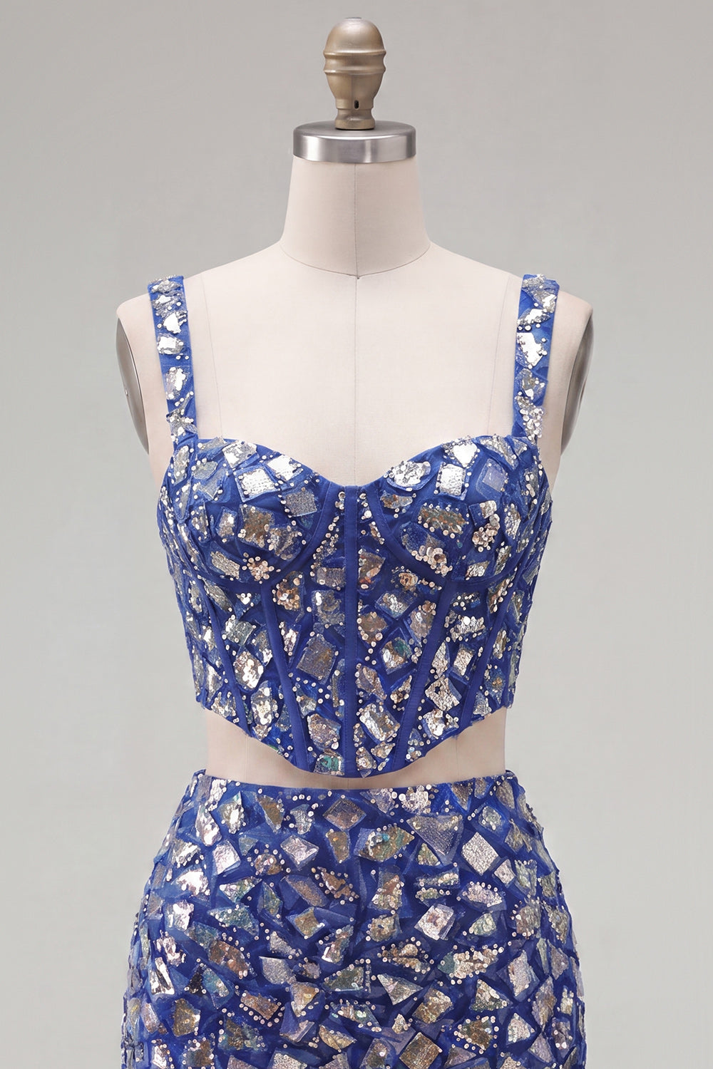 Sparkly Dark Blue 2 Piece Mirror Corset Tight Short Homecoming Dress