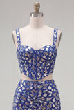 Sparkly Dark Blue 2 Piece Mirror Corset Tight Short Homecoming Dress
