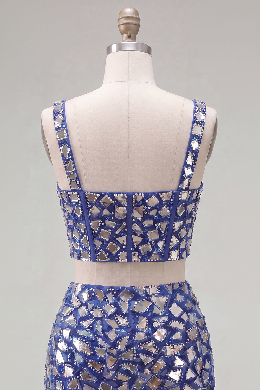 Sparkly Dark Blue 2 Piece Mirror Corset Tight Short Homecoming Dress