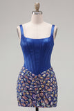 Sparkly Corset Beaded Mirror Dark Blue Tight Short Homecoming Dress